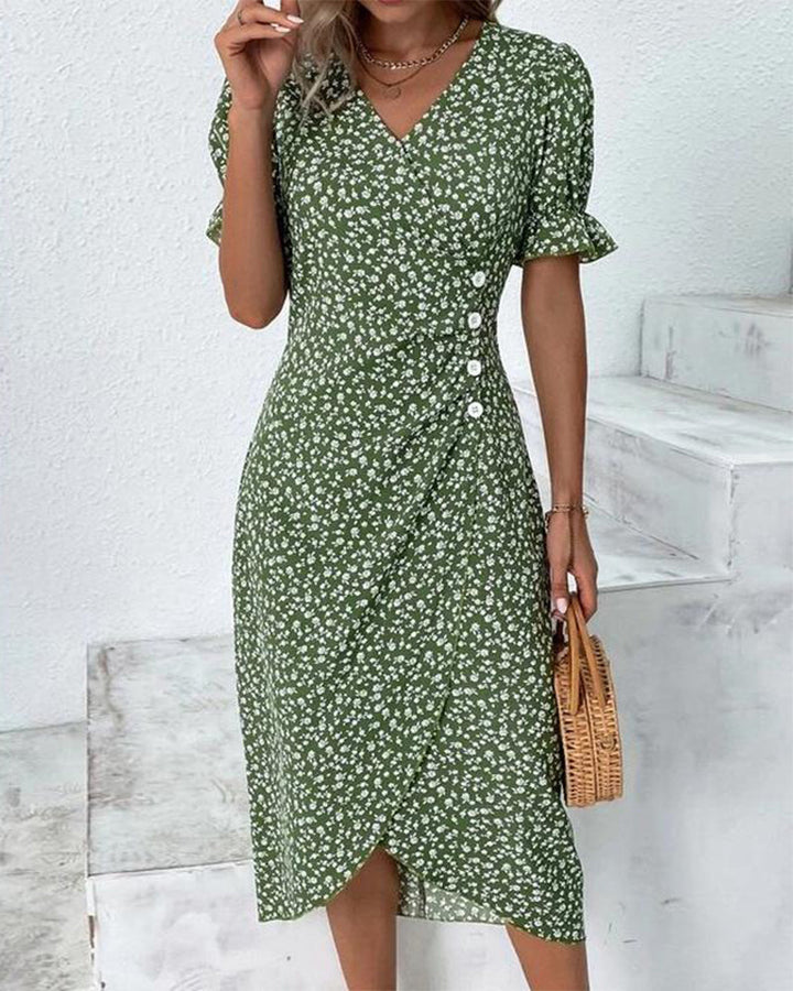 Button dress with V-neck & short sleeves – Luisa