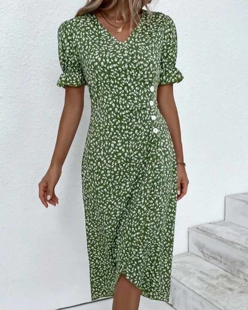Button dress with V-neck & short sleeves – Luisa