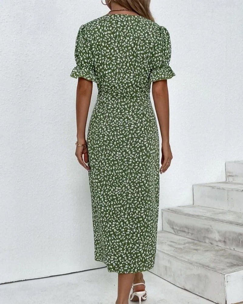 Button dress with V-neck & short sleeves – Luisa