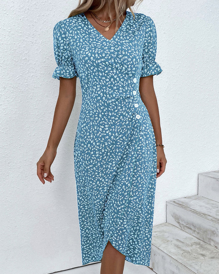 Button dress with V-neck & short sleeves – Luisa