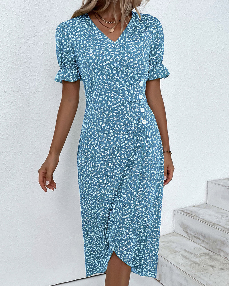 Button dress with V-neck & short sleeves – Luisa
