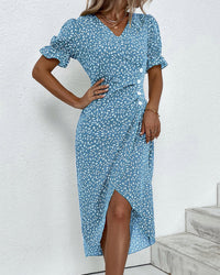 Button dress with V-neck & short sleeves – Luisa