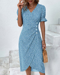 Button dress with V-neck & short sleeves – Luisa