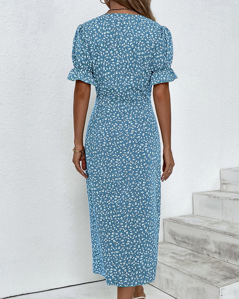 Button dress with V-neck & short sleeves – Luisa