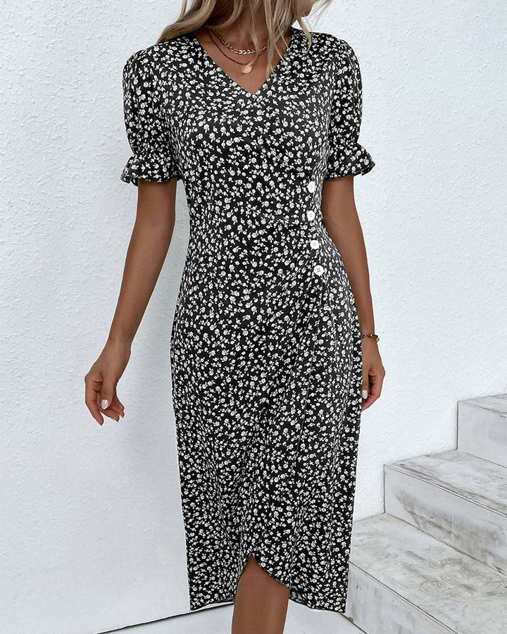 Button dress with V-neck & short sleeves – Luisa