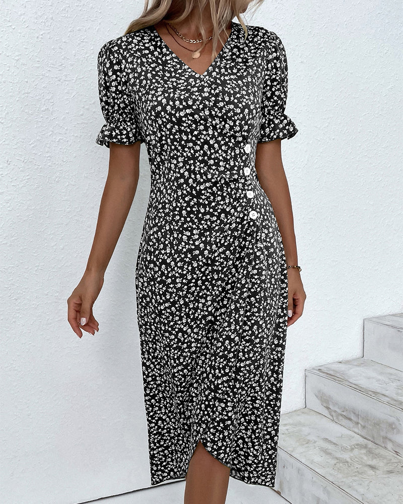 Button dress with V-neck & short sleeves – Luisa