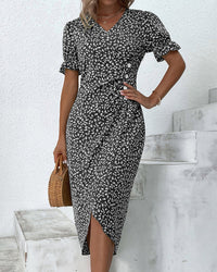 Button dress with V-neck & short sleeves – Luisa