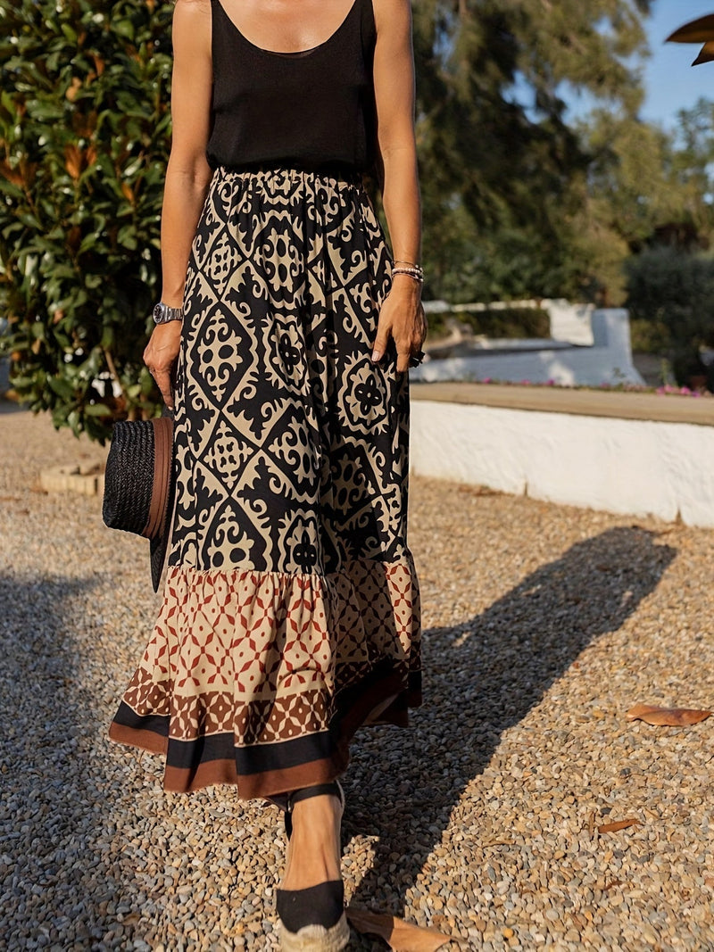 Printed Boho Maxi Skirt with Flowing Cut & Fringes – Yalina
