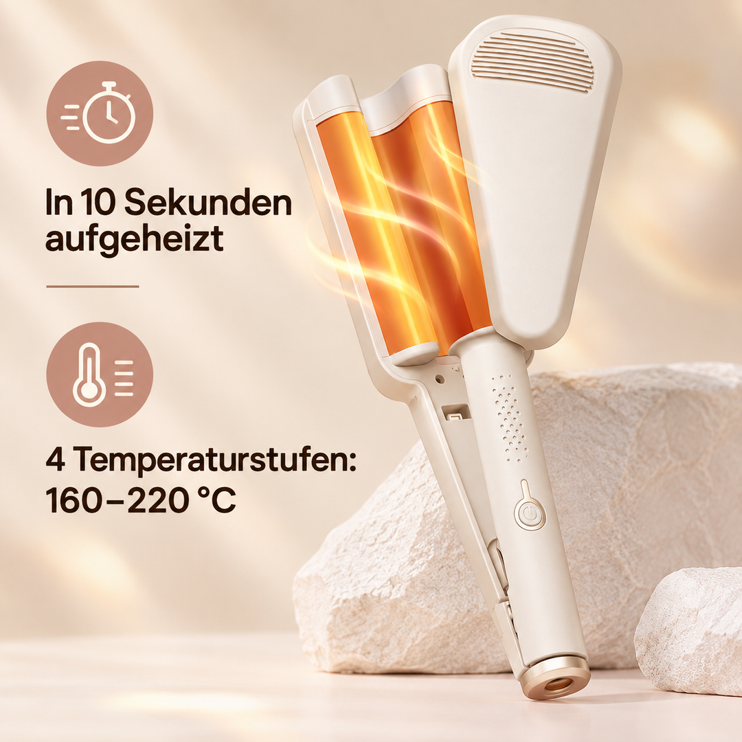 Geöffnetes beiges Welleneisen mit orange leuchtenden Heizplatten, dazu Symbole für schnelles Aufheizen und Temperaturstufen 12