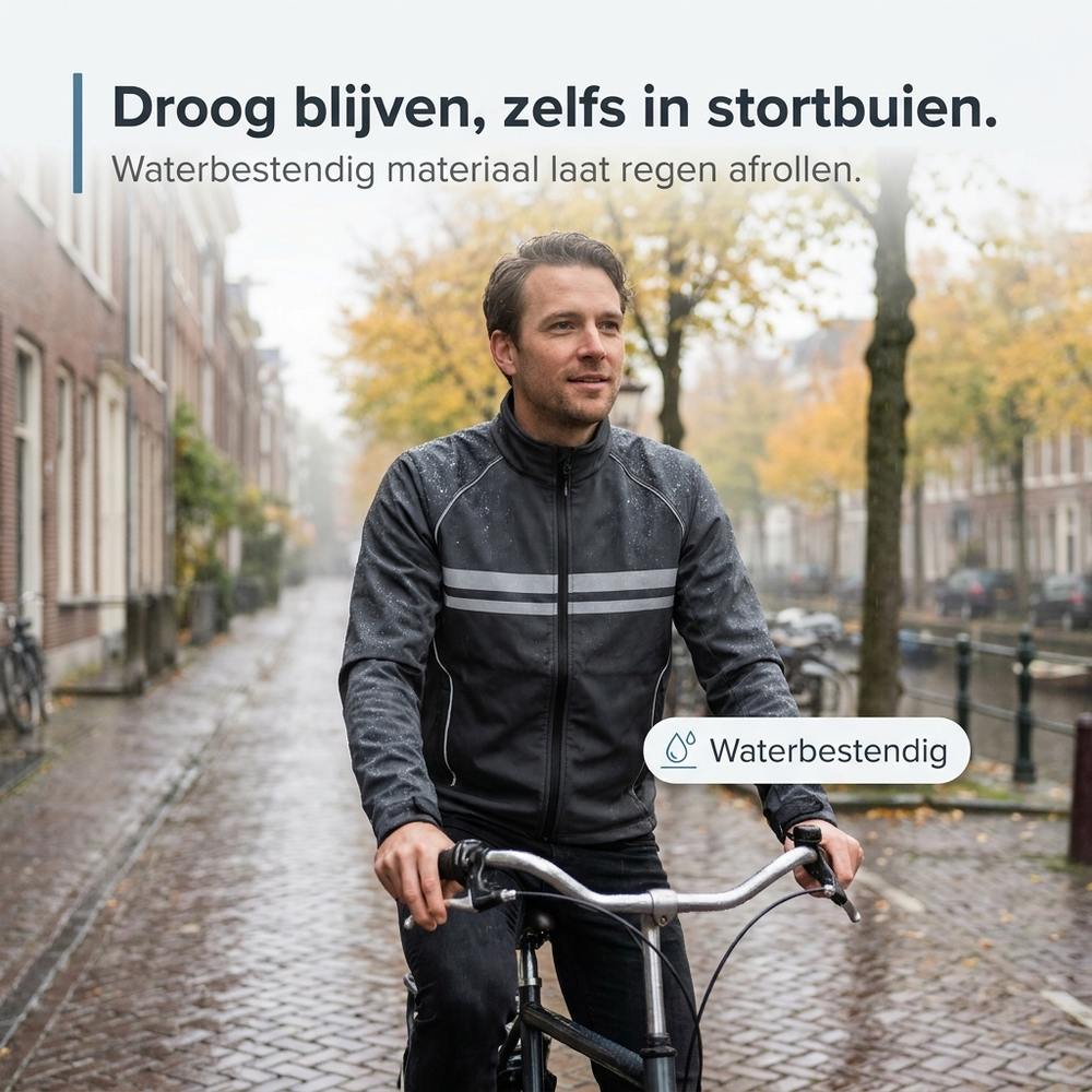 Radfahrer in der dunklen Jacke mit Reflexstreifen fährt bei Regen durch eine Gracht-Straße, Wassertropfen perlen auf dem Stoff ab. 2