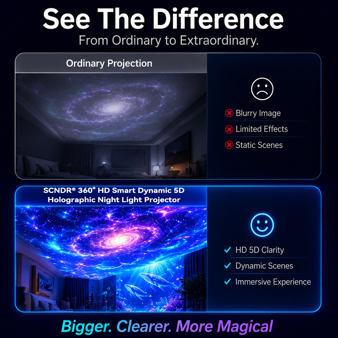Vergleichsbild: oben ein blasser Sternenhimmel an der Zimmerdecke, unten eine kräftige, farbige Galaxie- und Unterwasserprojektion. 3