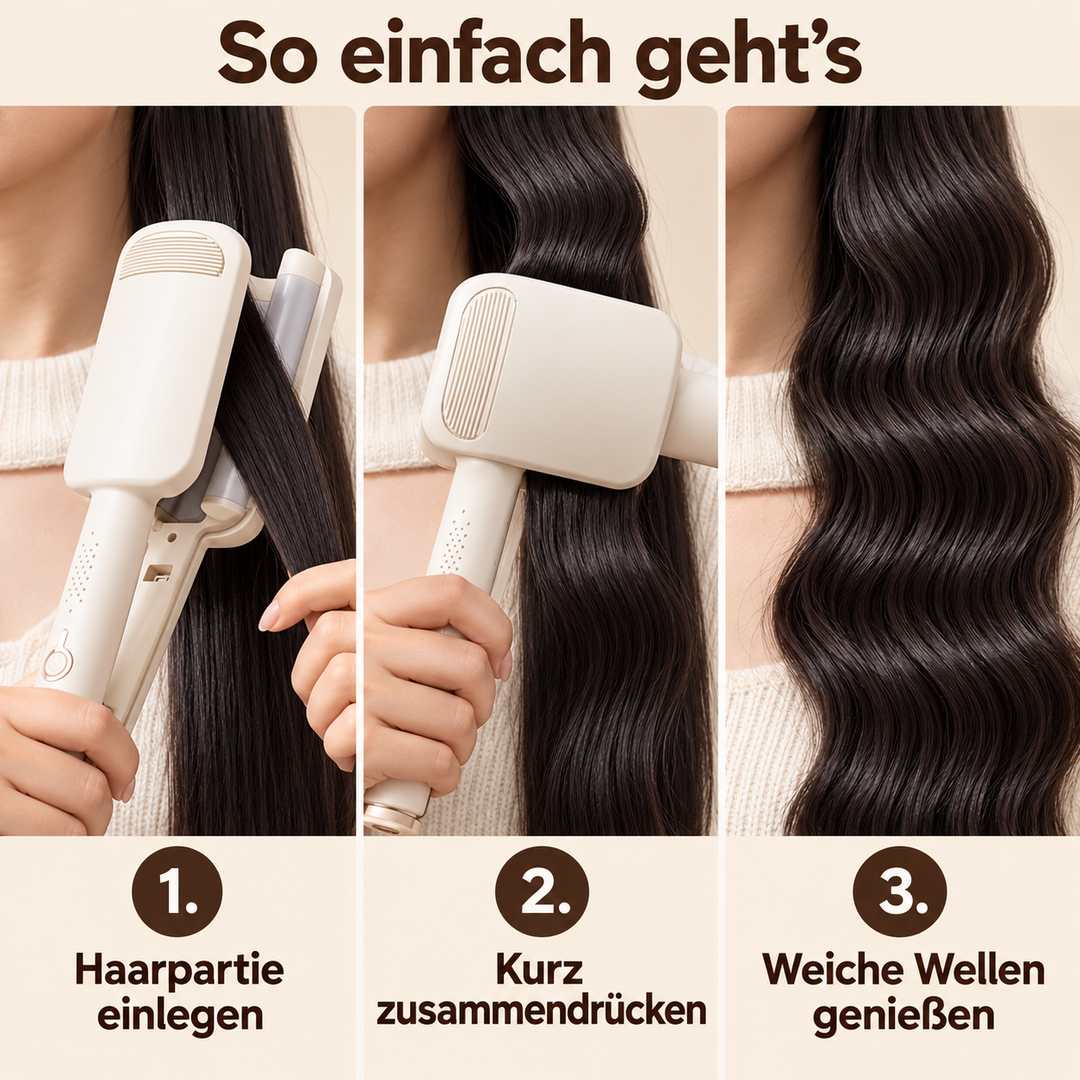 Drei Schritte nebeneinander: Haarpartie einlegen, zusammendrücken, fertige weiche Wellen bei dunklem langem Haar 14