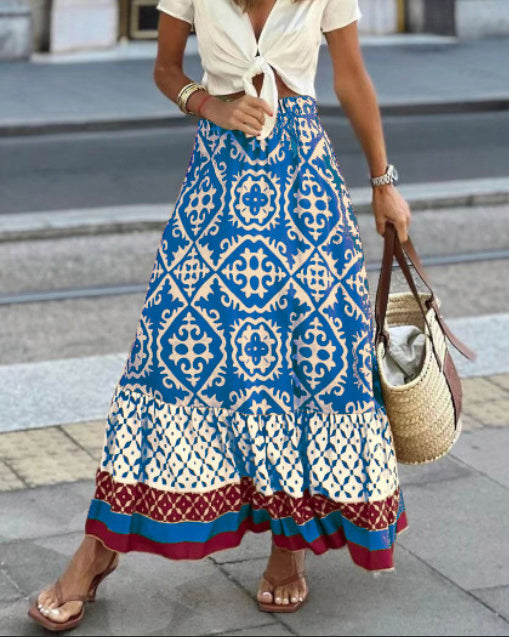 Printed Boho Maxi Skirt with Flowing Cut & Fringes – Yalina