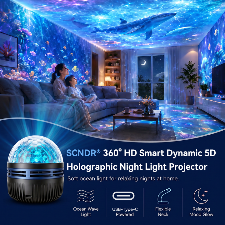 Mutter und Kind auf dem Sofa unter einer blauen Ozeanprojektion mit Walen und Fischen, unten links der Projektor mit USB-C-Anschluss. 7
