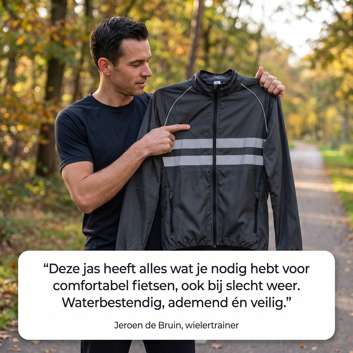Mann im Herbstwald hält die dunkle Jacke mit Reflexstreifen und seitlichen Reißverschlusstaschen hoch und zeigt auf die Streifen, darunter ein Zitat. 6