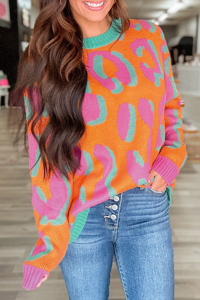 Women's sweater with color block leopard pattern and round neckline – Liora