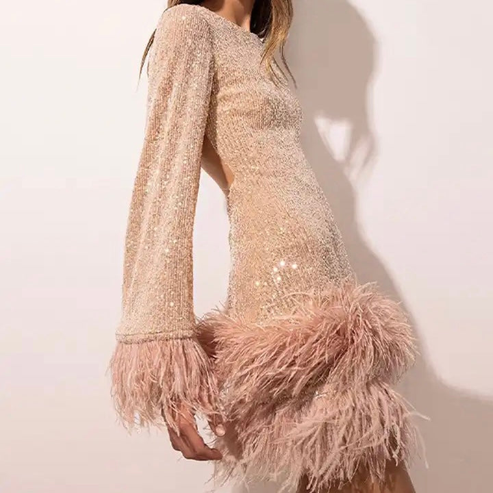 Sequin Dress with Feather Details - Ayla