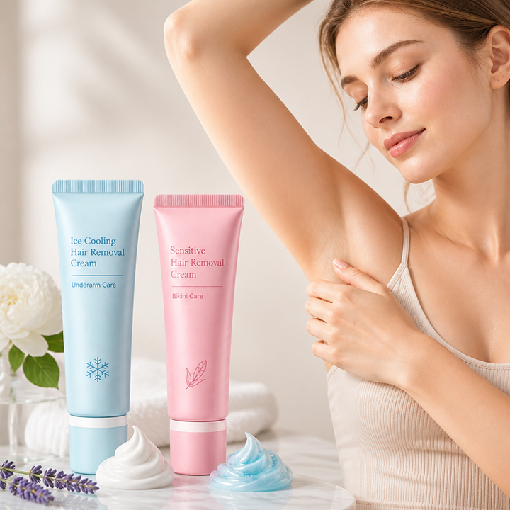 Frau hebt den Arm und berührt die Achsel, daneben eine hellblaue und eine rosa Cremetube mit Cremetupfen und Lavendel. 1
