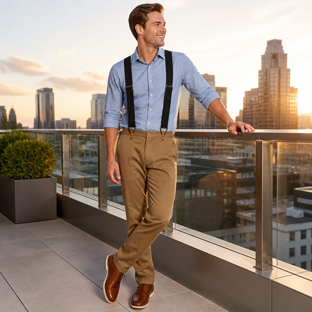 Lächelnder Mann trägt die schwarzen Hosenträger über hellblauem Hemd und Chinos auf einer Dachterrasse mit Stadtkulisse bei Sonnenuntergang. 1