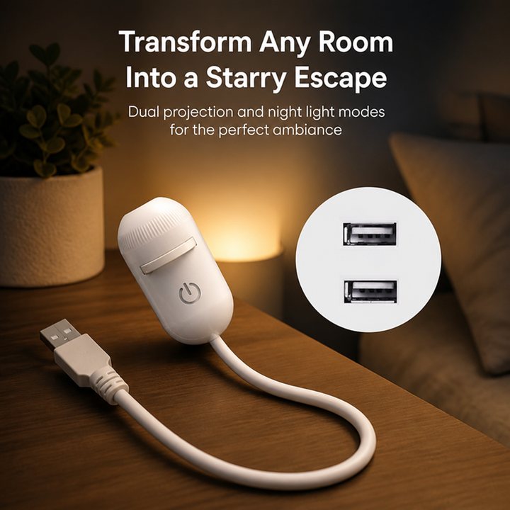 Weißer kapselförmiger Projektor mit Touch-Taste und USB-Kabel auf einem Holz-Nachttisch, daneben eine Detailansicht der zwei USB-Anschlüsse. 1