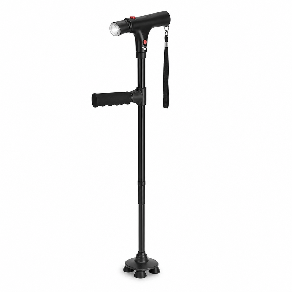 Schwarzer Gehstock mit LED-Lampe, rotem Alarmknopf, Handschlaufe, Zusatzgriff und vierfüßiger Basis, freigestellt vor weißem Hintergrund. 1