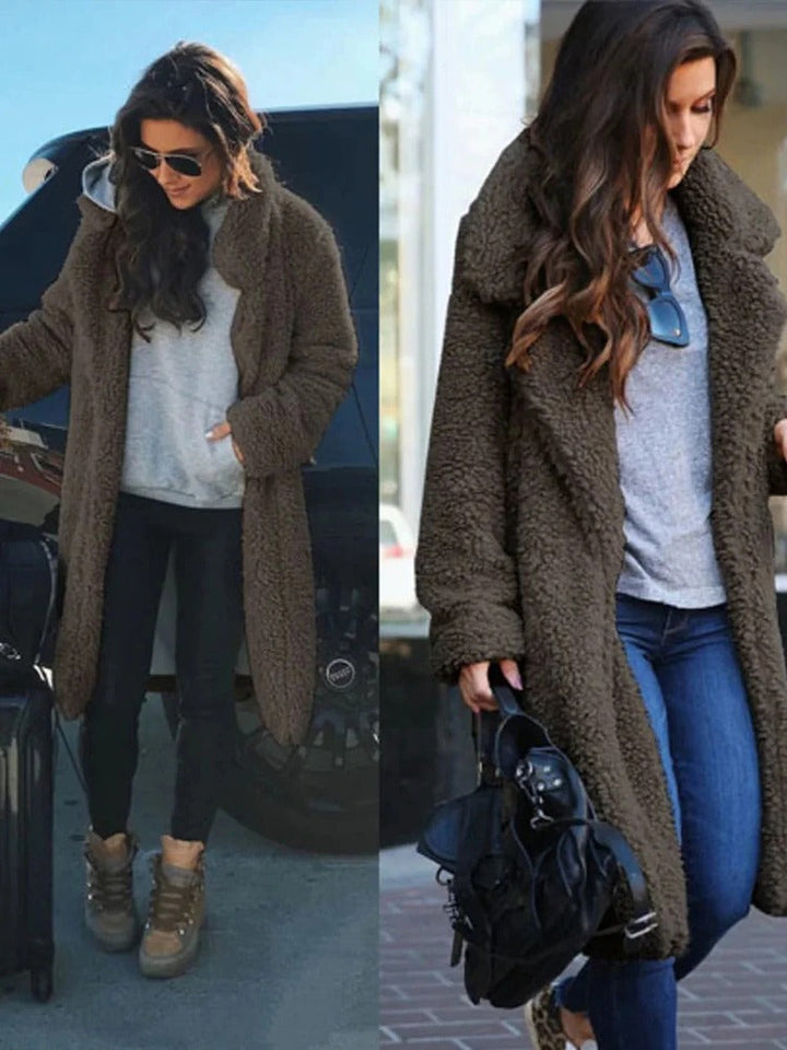 Trendy varmere lang teddyfrakk for kvinner - Isla