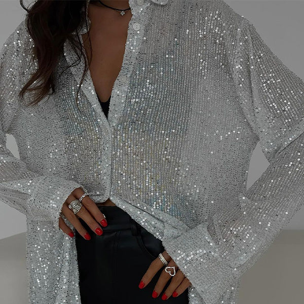 Blusa suelta con lentejuelas brillantes – Celeste