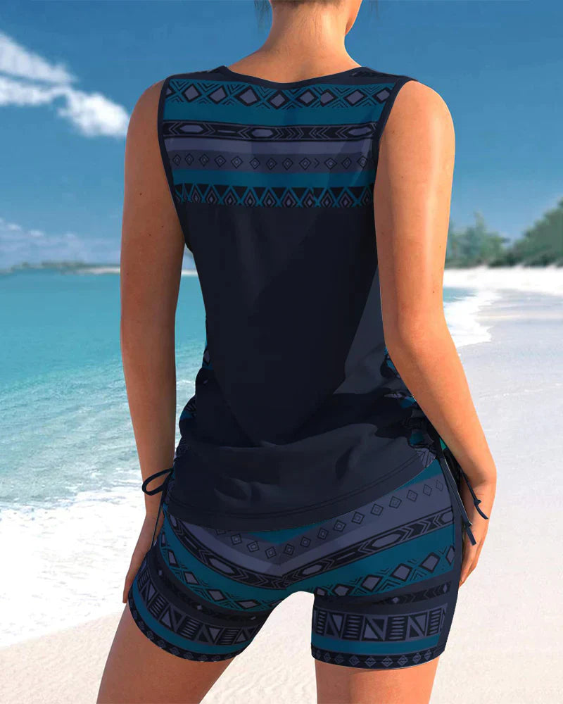 Trendy badetøj med V-udskæring og geometrisk mønster – Tankini-sæt Madonna