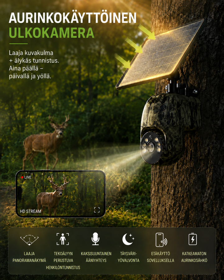Getarnte Solarkamera an einem Baumstamm im Wald, im Hintergrund ein Hirsch, daneben ein Smartphone mit Live-Bild. 2