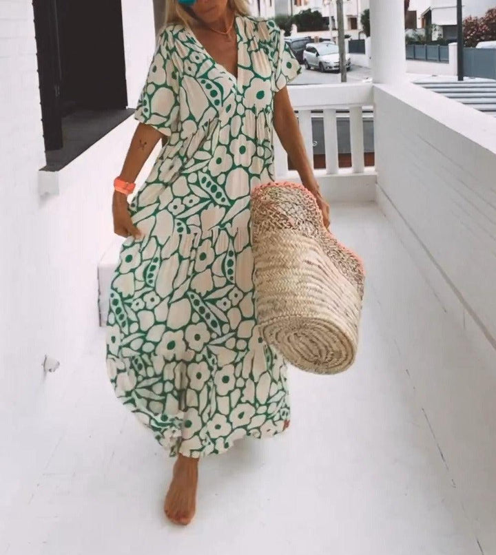 Green maxi dress with short sleeves and print – Elisa