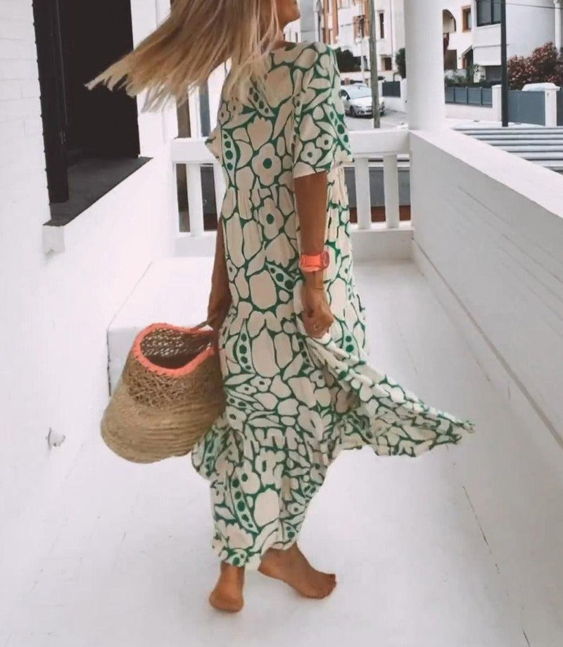 Green maxi dress with short sleeves and print – Elisa
