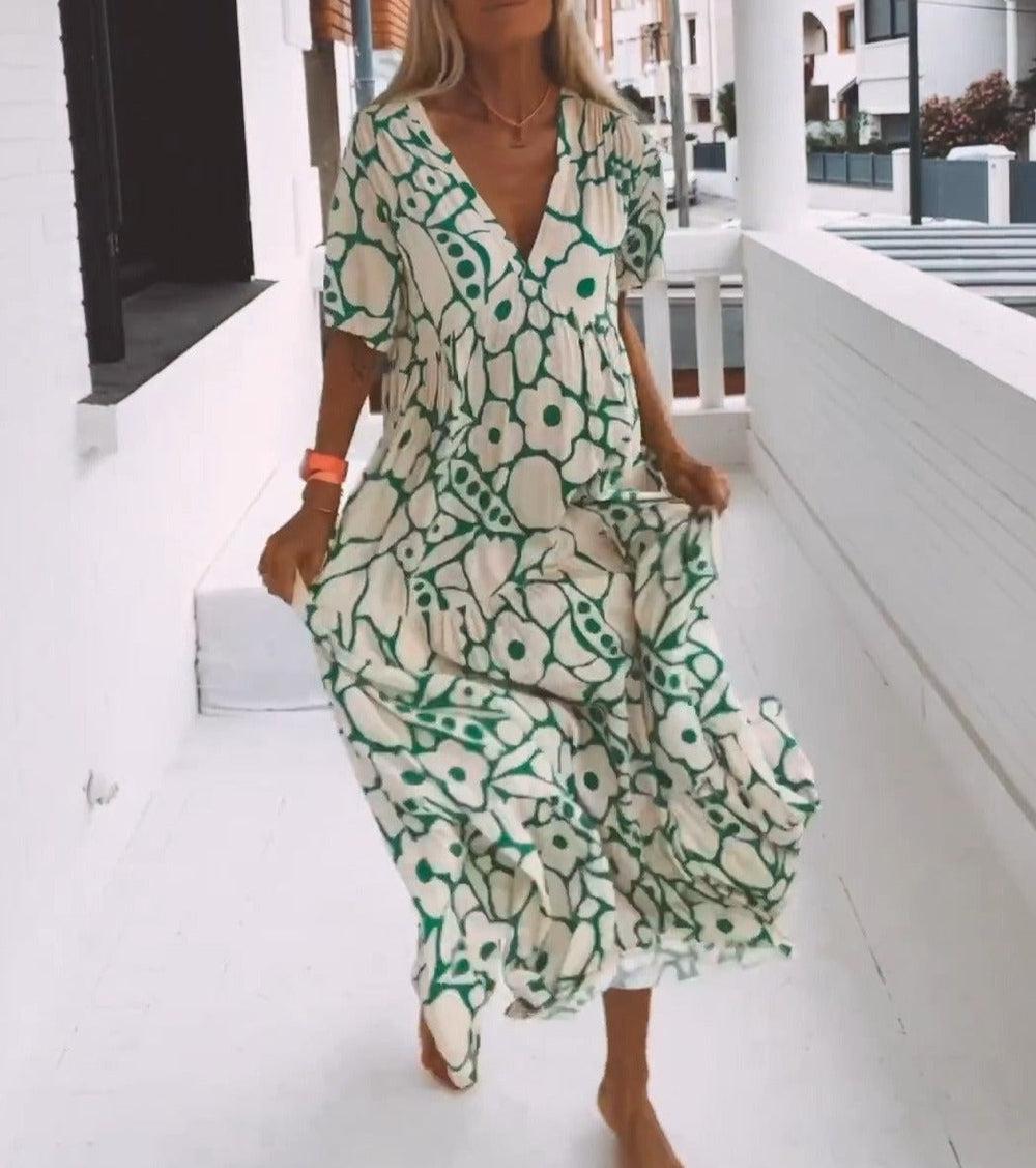 Green maxi dress with short sleeves and print – Elisa