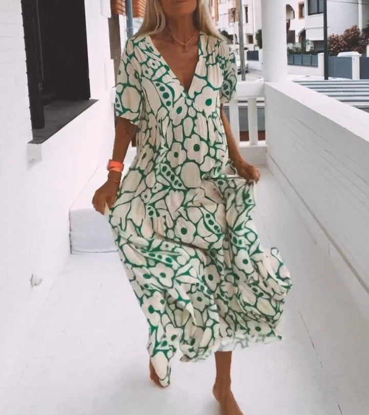 Green maxi dress with short sleeves and print – Elisa