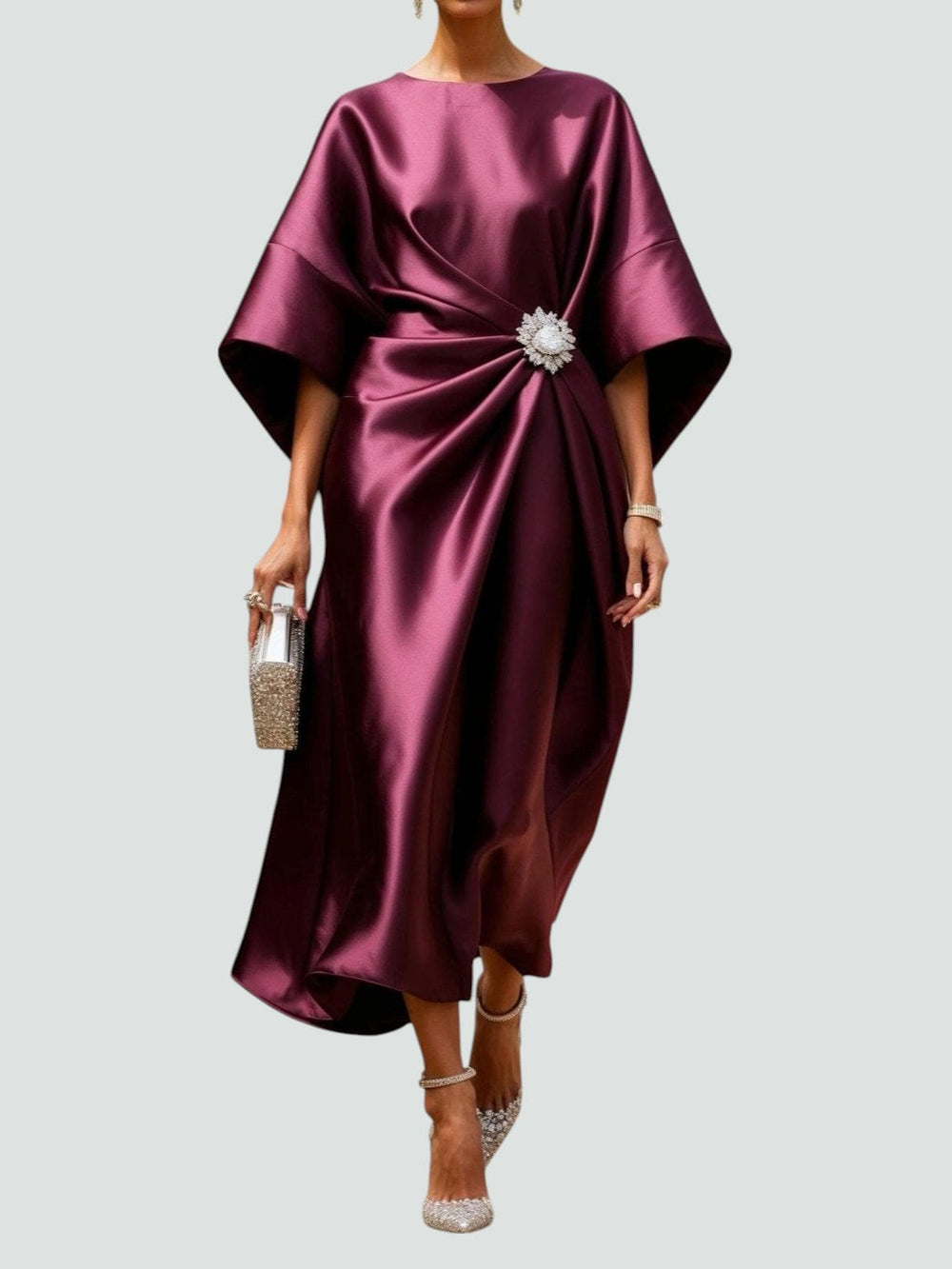 Women's Draped Brooch Maxi Dress – Cape Sleeve Gown for Formal Events 2