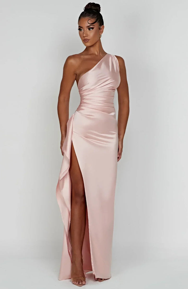 Satin stripe evening dress with one shoulder strap - Vivienne