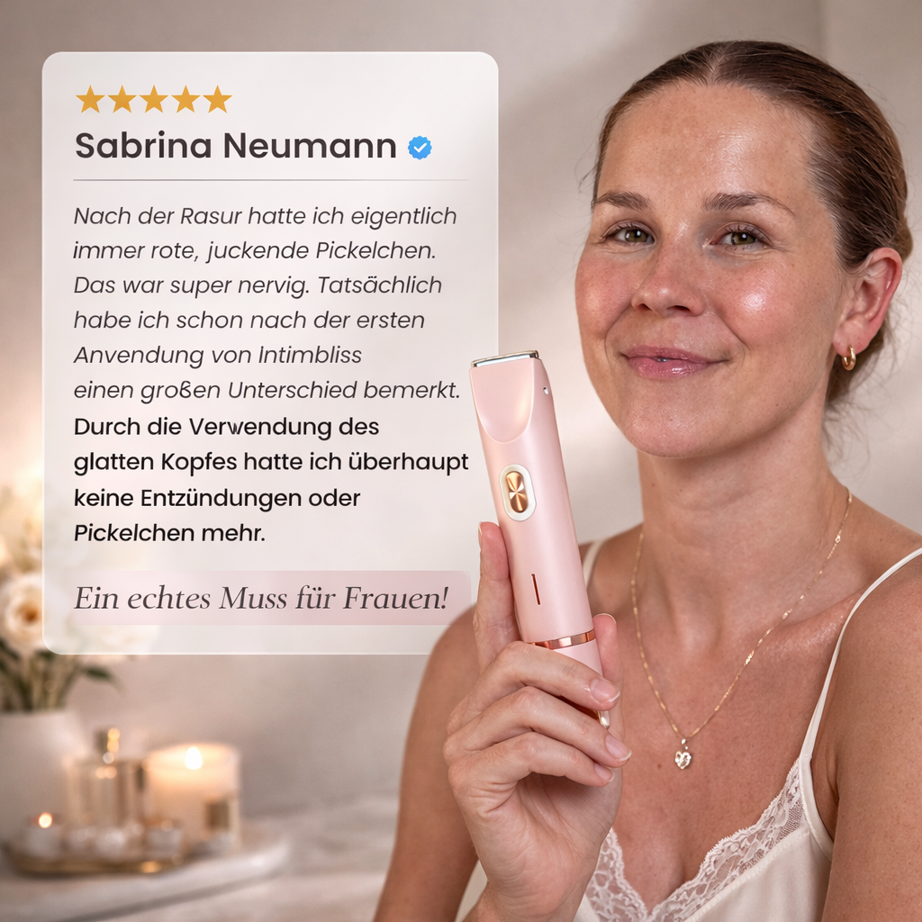 Lächelnde Frau hält den rosa Trimmer in der Hand, links daneben eine Kundenbewertung mit fünf Sternen. 8