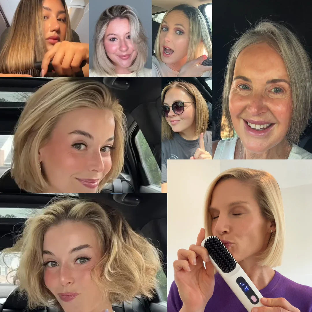 Collage aus Selfies mehrerer Frauen mit glatten, kinnlangen Bob-Frisuren in Blond und Grau; unten rechts hält eine Frau die Bürste. 3