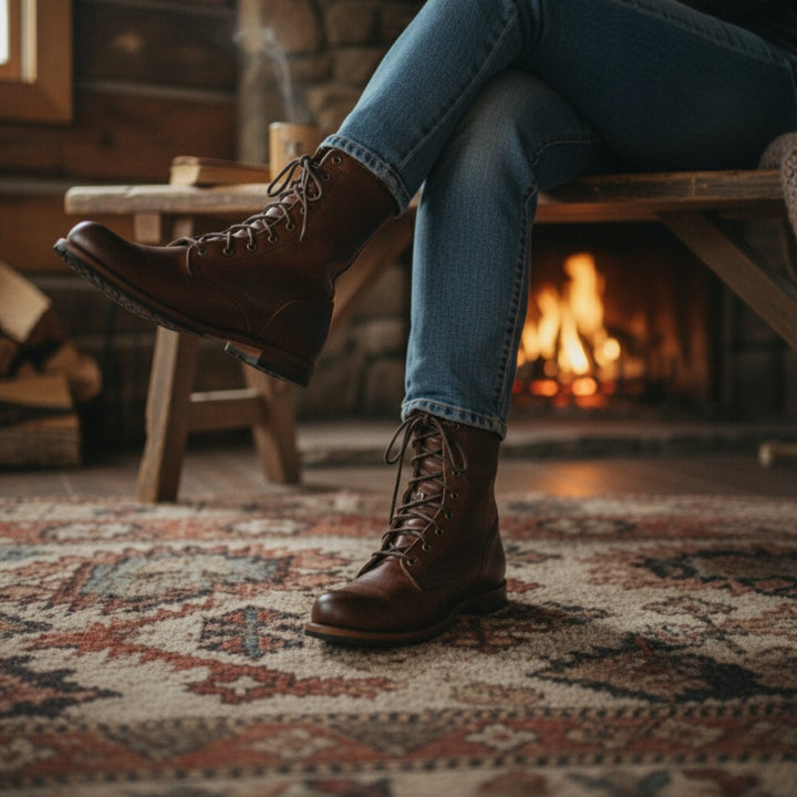 Frau mit übergeschlagenen Beinen in Jeans trägt braune Schnürstiefel, im Hintergrund ein brennender Kamin und ein gemusterter Teppich. 5