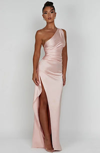Satin stripe evening dress with one shoulder strap - Vivienne