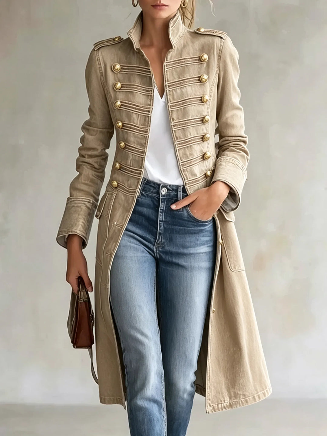 Der Mantel in sandfarbenem Beige mit goldenen Knöpfen und Zierlitzen, getragen mit Jeans, weißem Shirt und brauner Handtasche. 8