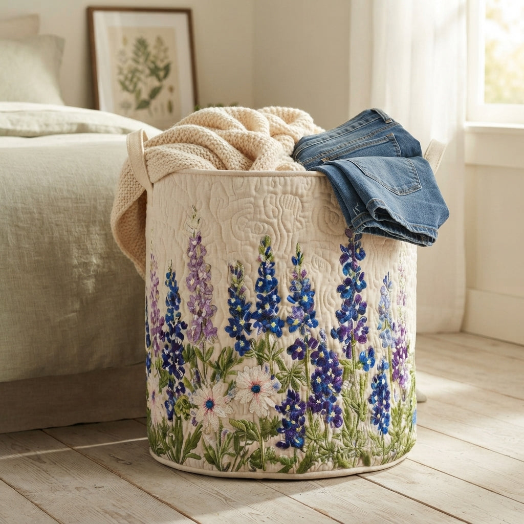 Wäschekorb mit Wildblumenmuster neben einem Bett auf hellem Holzboden, gefüllt mit einer Strickdecke und einer Jeans über dem Rand. 5