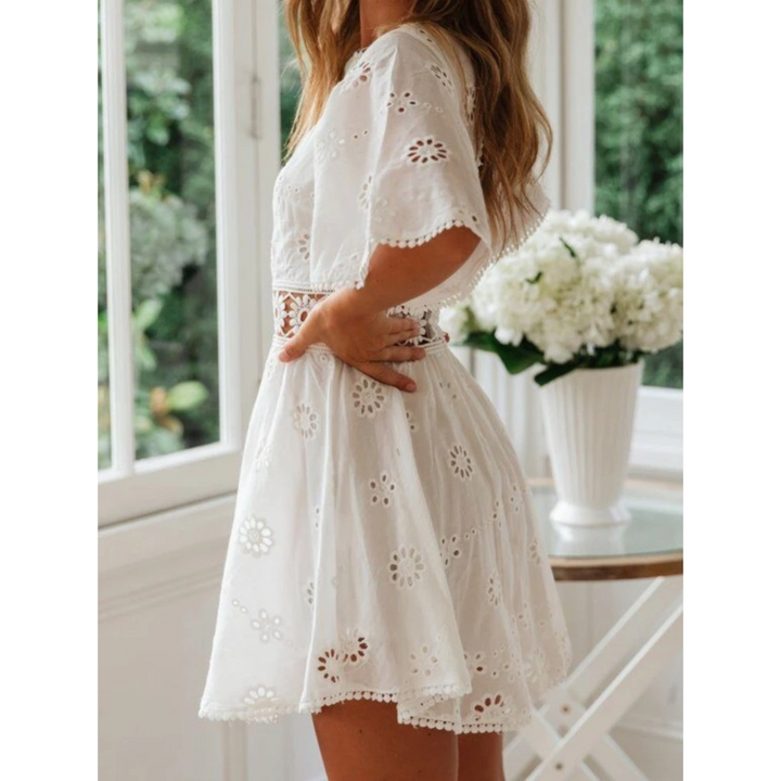 White airy summer dress with lace accents for women – Elina