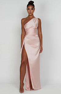 Satin stripe evening dress with one shoulder strap - Vivienne