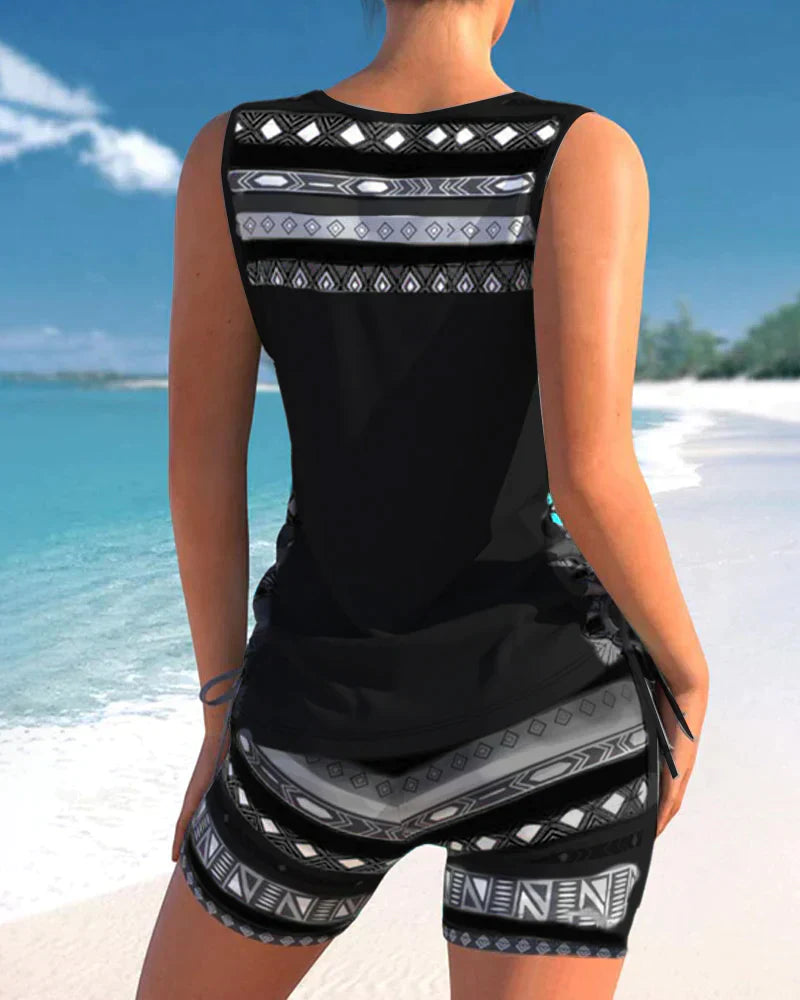Trendy badetøj med V-udskæring og geometrisk mønster – Tankini-sæt Madonna