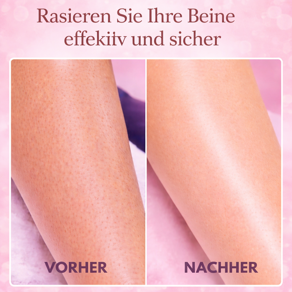 Vorher-Nachher-Vergleich zweier Beine: links mit sichtbaren Haarstoppeln, rechts glatt rasierte, gleichmäßige Haut. 5