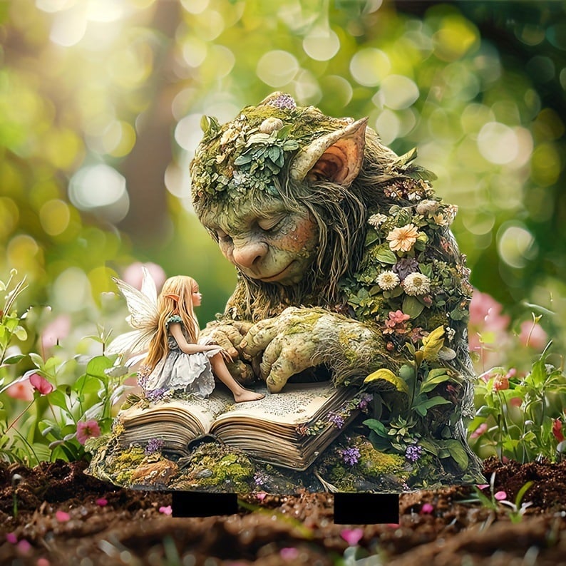 Moos-Troll mit Elfe auf aufgeschlagenem Buch, im Beet mit Erde und rosa Blüten vor sonnigem Bokeh-Hintergrund. 10