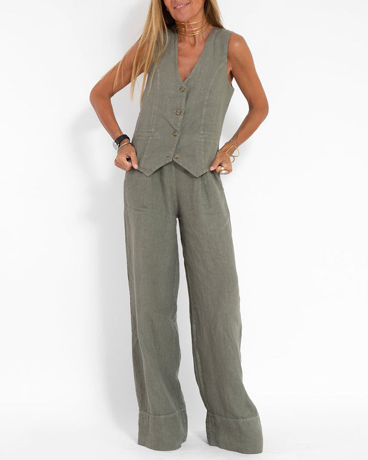 Linen 2-piece set with wide-cut pants and vest – Alma