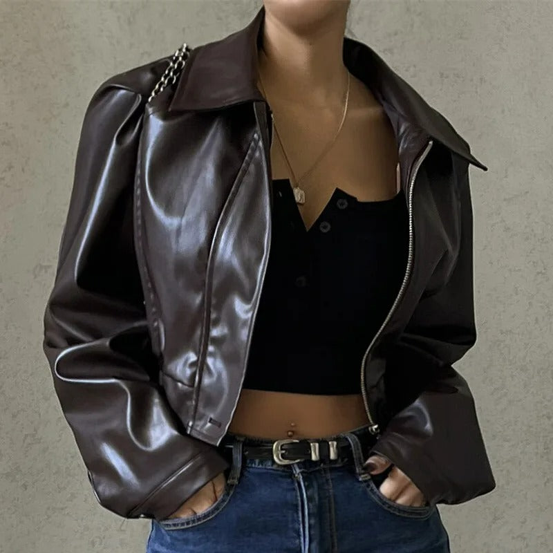 Brown PU leather women's summer jacket with lapel collar – Rivka