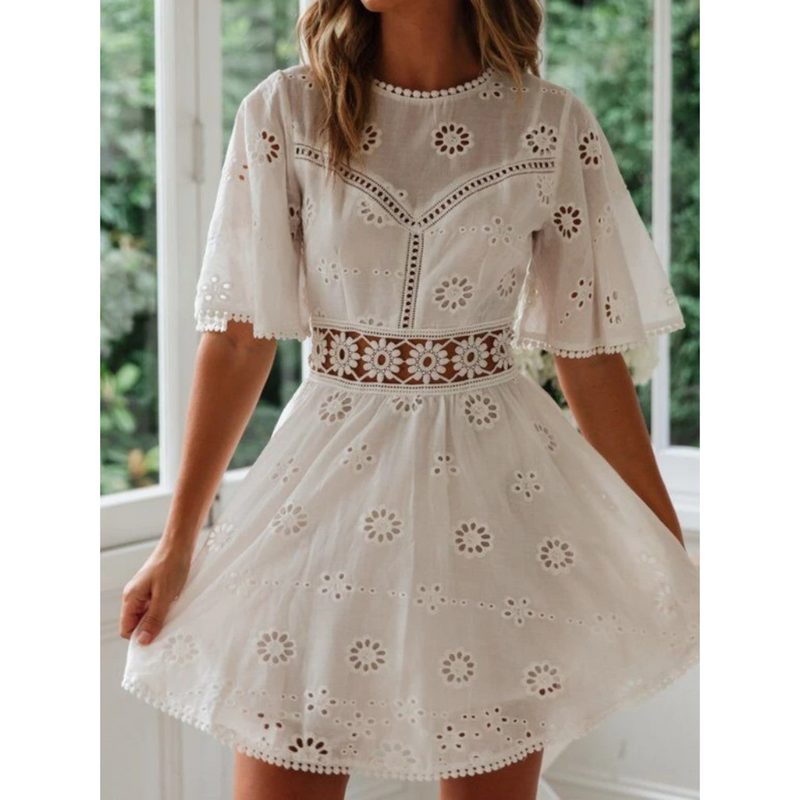 White airy summer dress with lace accents for women – Elina