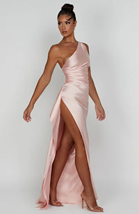 Satin stripe evening dress with one shoulder strap - Vivienne